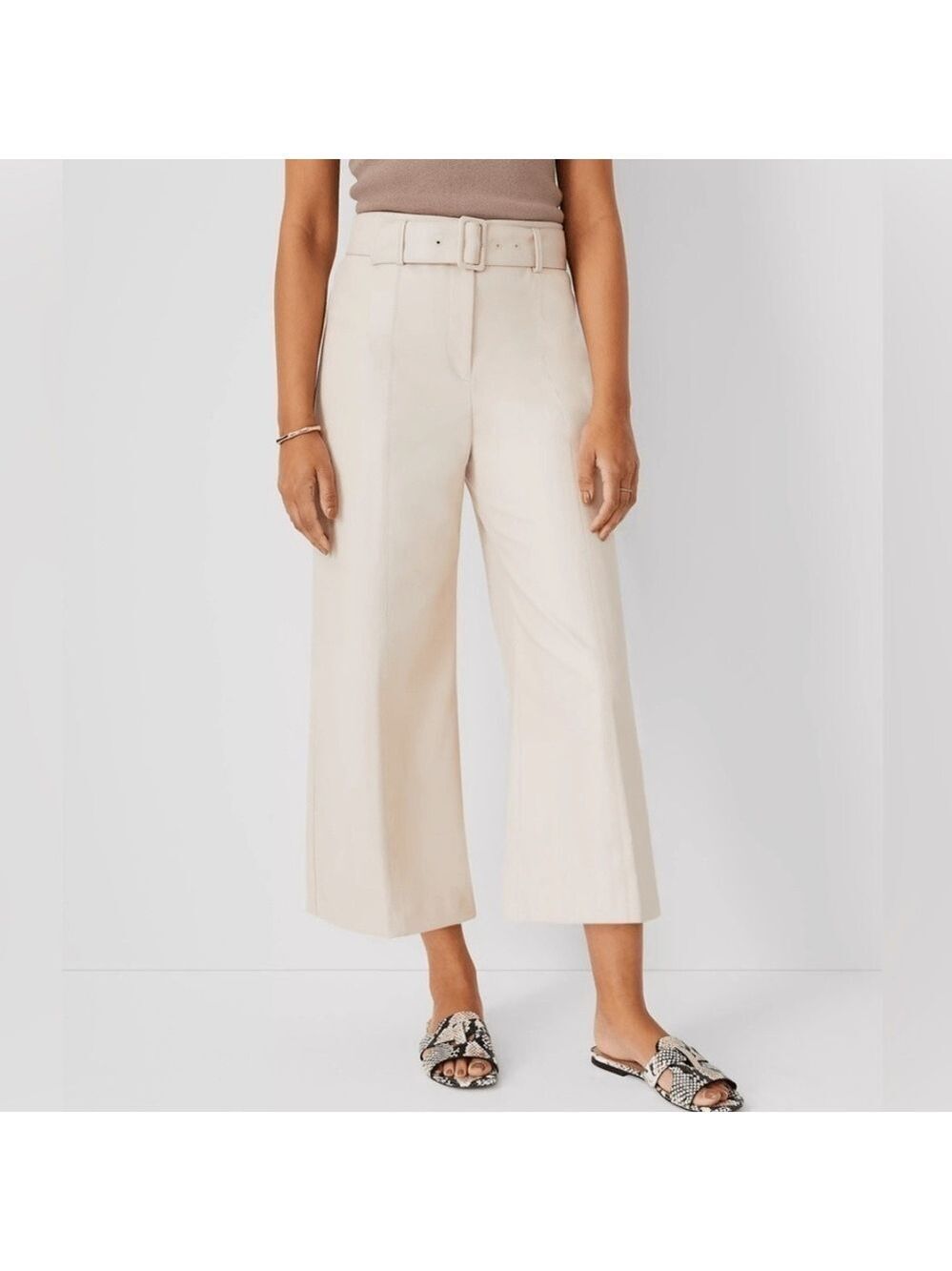Ann Taylor size 12P The Faux Leather Belted Culotte Pant ankle wide leg cream